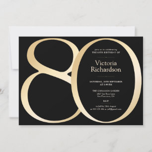 Invitación Cumpleaños 80 Moderno Elegante Negro y Dorado