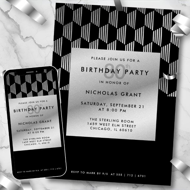 Invitación Cumpleaños 80 Moderno Negro con Hojuela de Plata F (Subido por el creador)