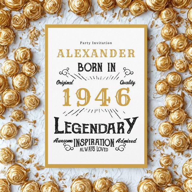 Invitación Cumpleaños 80 Nació en 1946 Leyenda de Oro Blanco (Born 1946 birthday invitation.)