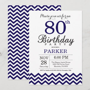 Invitación cumpleaños 80 Navy Blue Chevron
