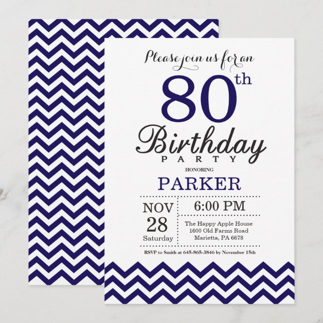 Invitación cumpleaños 80 Navy Blue Chevron (Anverso / Reverso)