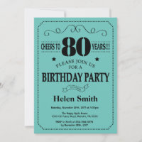 Invitación cumpleaños 80 negro y azul turquesa