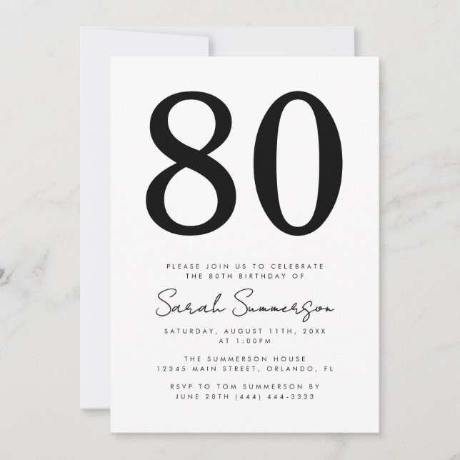 Invitación Cumpleaños 80 ochenta moderno script negro blanco (Anverso)
