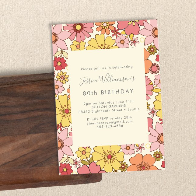Invitación Cumpleaños 80 Retro Boho Rosa Amarillo Floral Groo (Subido por el creador)