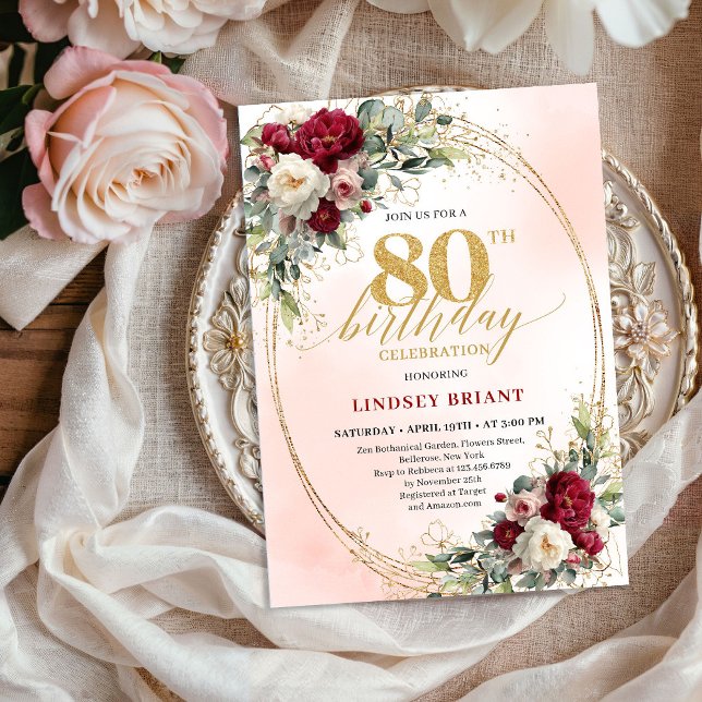 Invitación Cumpleaños 80 Rojo Burdeos Marco Dorado Toque Romá (Romantic Blush Burgundy Gold Frame 80th Birthday)