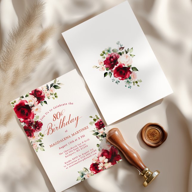 Invitación Cumpleaños 80 Rojo Rosa Peonía Floral (Subido por el creador)