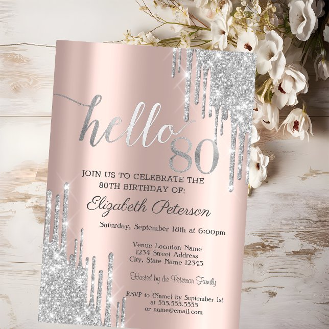Invitación Cumpleaños 80 Rosa Dorado con Gotear Brillo Platea (Subido por el creador)
