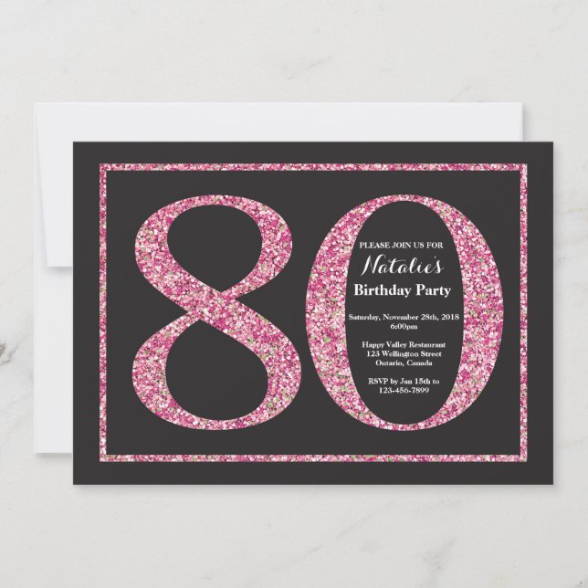 Invitación Cumpleaños 80 Rosa Pizarra Brillante (Anverso)