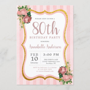 Invitación Cumpleaños 80 Rosa Rayado Floral Brillante Chic