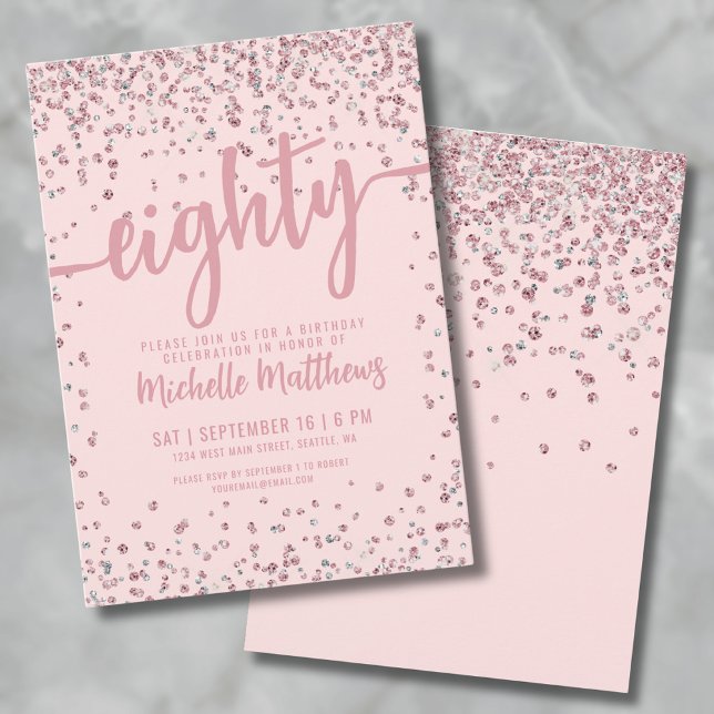 Invitación Cumpleaños 80 Rosa Rosado Oro Rose Gold (Blush Pink 80th Birthday Invitation)