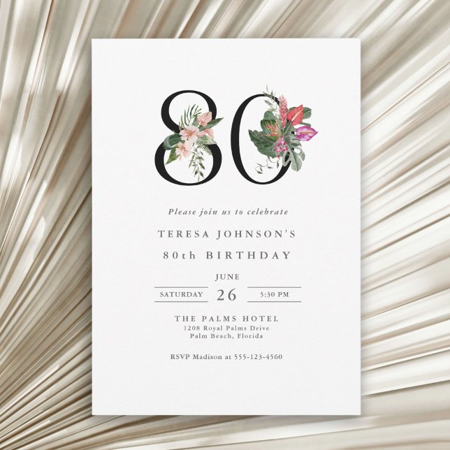 Invitación Cumpleaños 80 Simple Elegante Floral Tropical (Available in both printed and instant download digital formats.)