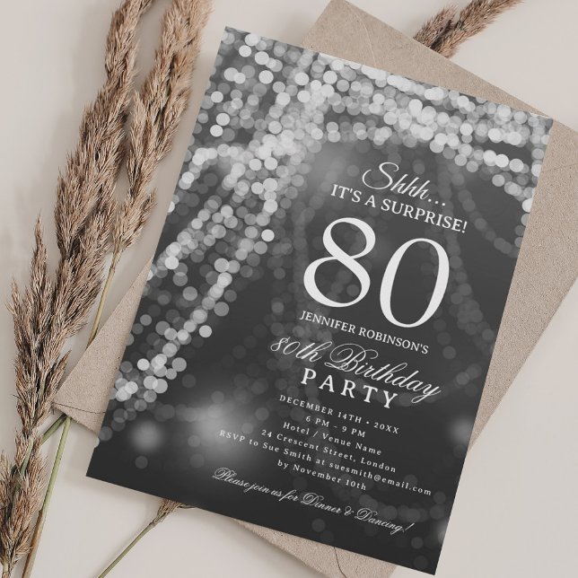 Invitación Cumpleaños 80: Sorpresa elegante de cumpleaños  (Silver | Elegant Surprise 80th Birthday Party Invitation)
