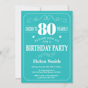 Invitación cumpleaños 80 Teal y Blanco