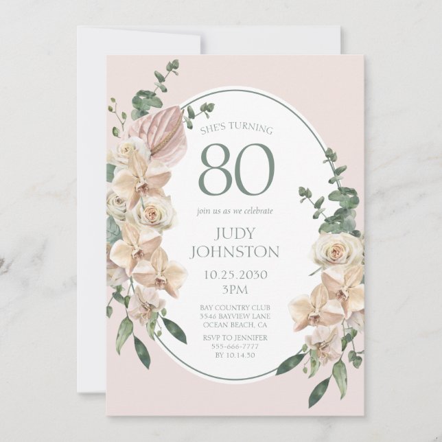 Invitación Cumpleaños 80 Tropical Floral (Anverso)
