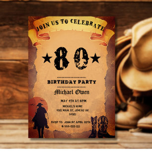 Invitación cumpleaños 80 vaquero papel antiguo caballo montan