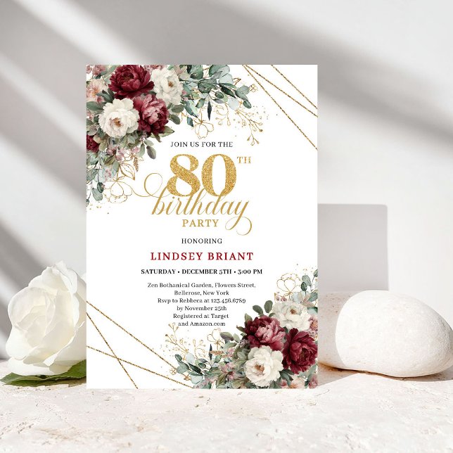 Invitación Cumpleaños 80 Verde Burgundy Romántico (Romantic Burgundy Greenery 80th Birthday)