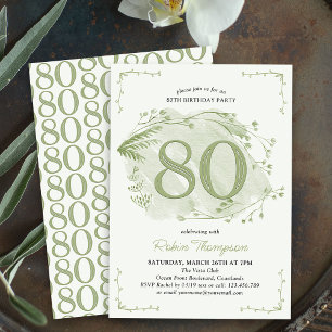 Invitación Cumpleaños 80 Verde Delicado Flor Silvestre Número