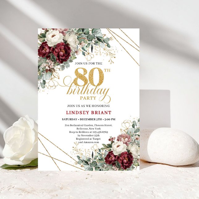 Invitación Cumpleaños 80 Verde Floral Granate (Maroon Floral Greenery Gold 80th Birthday)