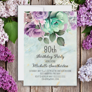 Invitación Cumpleaños 80 Verde Menta Floral Mariposa Púrpura 
