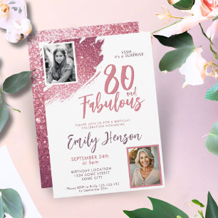 Invitación Cumpleaños 80 y Fabuloso con Brillo Rosa 2 Fotos