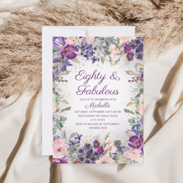 Invitación Cumpleaños 80 y fabuloso con flores rosadas y púrp (Subido por el creador)