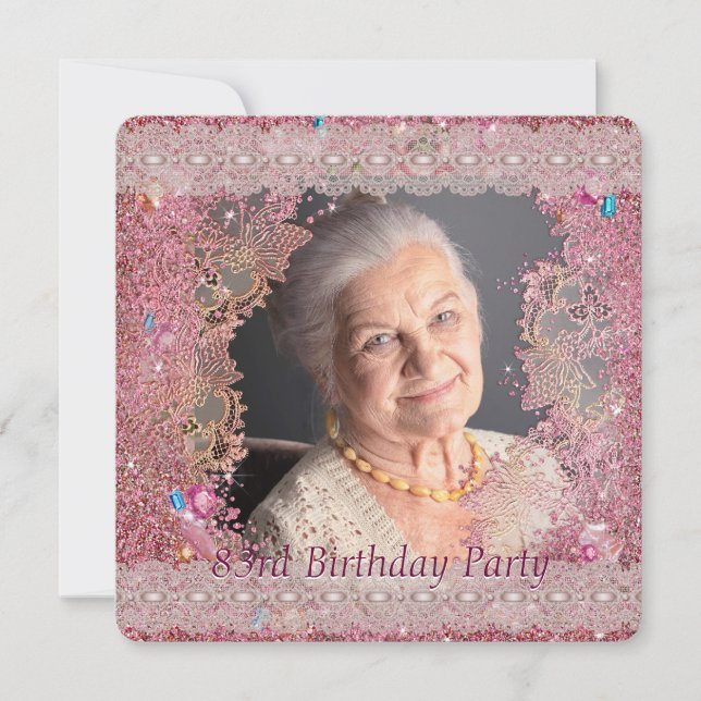 Invitación Cumpleaños 83 de mujer con destellos rosados (Anverso)