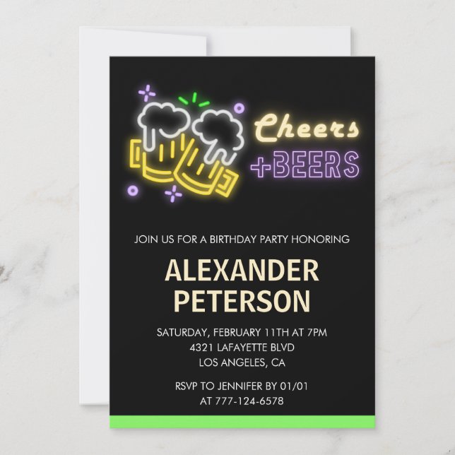 Invitación Cumpleaños 84 Cheers Beer Men Neon Glow (Anverso)