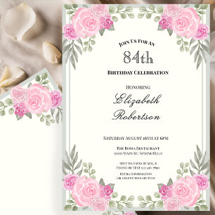 Invitación Cumpleaños 84 con flores rosadas y verde salvia