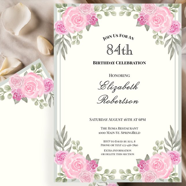 Invitación Cumpleaños 84 con flores rosadas y verde salvia (Subido por el creador)