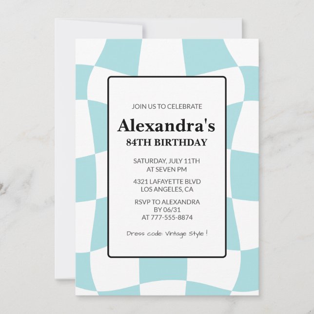 Invitación Cumpleaños 84 Retro Cuadros Azules (Anverso)