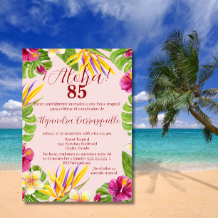 Invitación Cumpleaños 85 Colorido Rosa Aloha Hawaiano Español