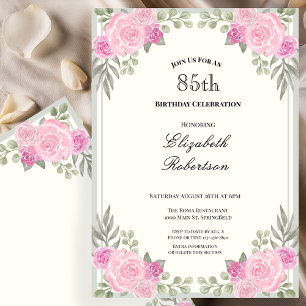 Invitación Cumpleaños 85 Floral Rosa y Verde Salvia