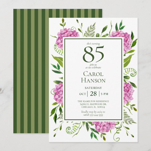 Invitación Cumpleaños 85 Rosas Hortensias (Anverso / Reverso)