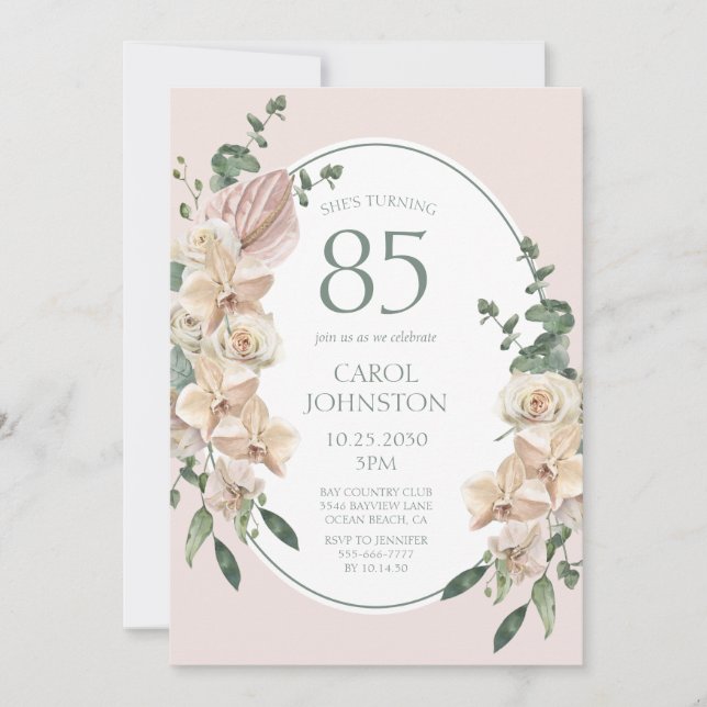 Invitación Cumpleaños 85 Tropical Floral (Anverso)