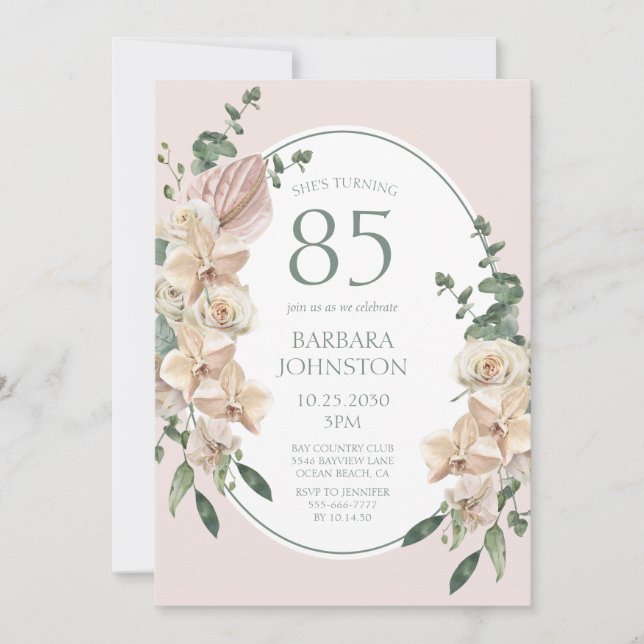 Invitación Cumpleaños 85 Tropical Floral (Anverso)