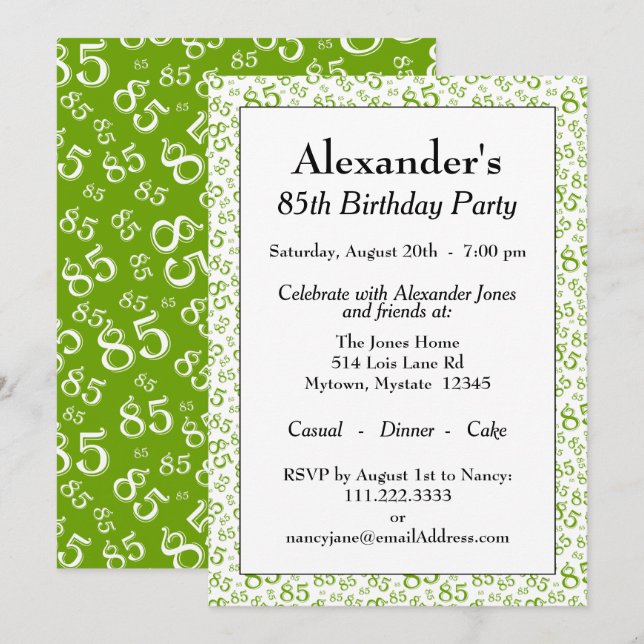 Invitación Cumpleaños 85 Verde/Blanco Patrón de Números (Anverso / Reverso)
