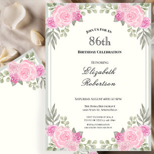 Invitación Cumpleaños 86 con flores rosadas y verde salvia
