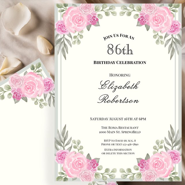 Invitación Cumpleaños 86 con flores rosadas y verde salvia (Subido por el creador)