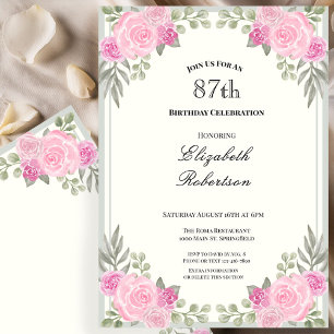 Invitación Cumpleaños 87 con flores rosadas y verde salvia