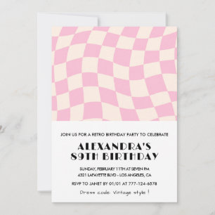 Invitación Cumpleaños 89 Retro Vintage de Cuadros Rosado