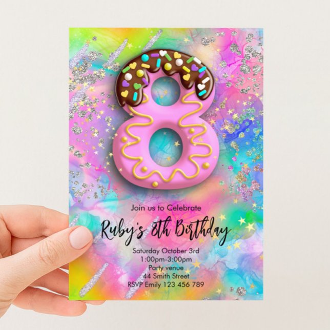 Invitación Cumpleaños 8 Arcoíris Brillo Estrella Dorada (Subido por el creador)