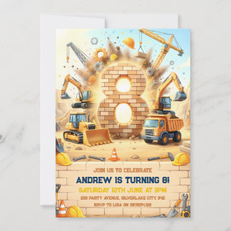 Invitación Cumpleaños 8 de Camiones de Construcción