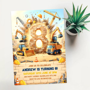 Invitación Cumpleaños 8 de Camiones de Construcción