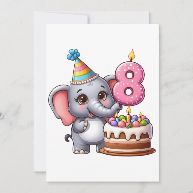 Invitación Cumpleaños 8 de elefante lindo (Anverso)