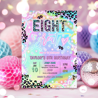 Invitación Cumpleaños 8 de gran estampado de leopardo arcoíri