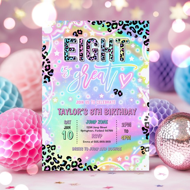 Invitación Cumpleaños 8 de gran estampado de leopardo arcoíri (Subido por el creador)