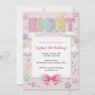 Invitación Cumpleaños 8 de niña con purpurina arcoíris pastel