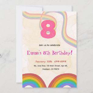 Invitación Cumpleaños 8 de niña con temática de arcoíris, Inv