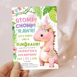 Invitación Cumpleaños 8 de niña dinosaurio Rosa Lindo Dino