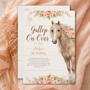 Invitación Cumpleaños 8 de Niña Melocotón Floral Caballo